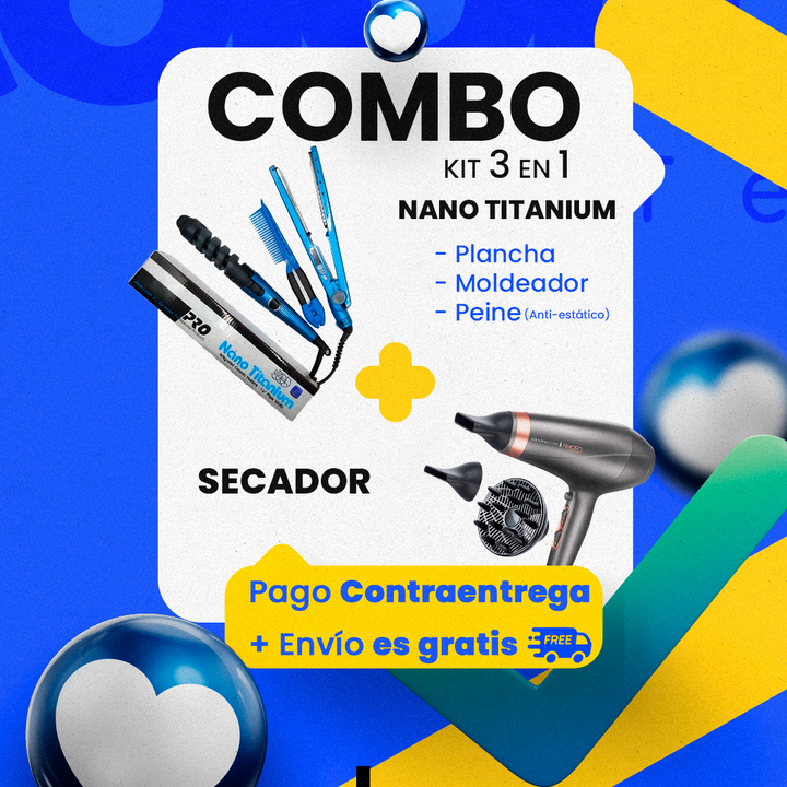 Combo Kit 3 En 1 Nano Titanium + Secador